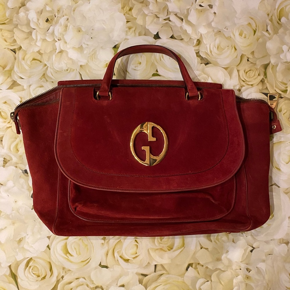 Gucci 1973 suede burgundy top handle bag